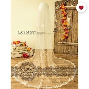 Two tier elbow chapel embroidered lace tulle veil